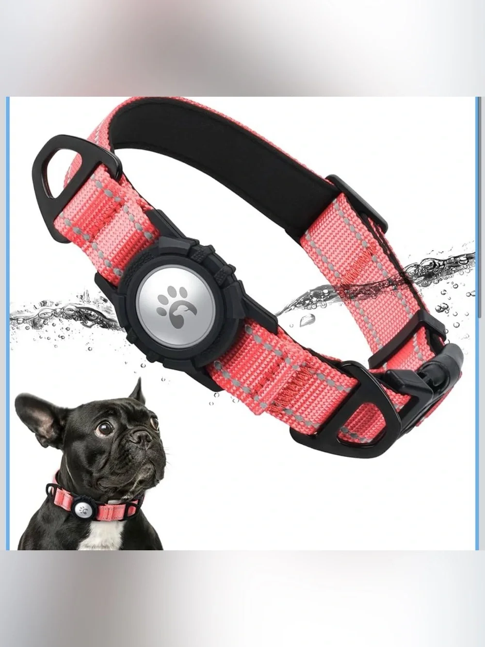 Reflective Coral Pink Dog Collar with AirTag holder